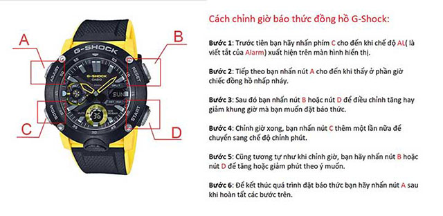 Cách chỉnh giờ báo thức đồng hồ G-Shock