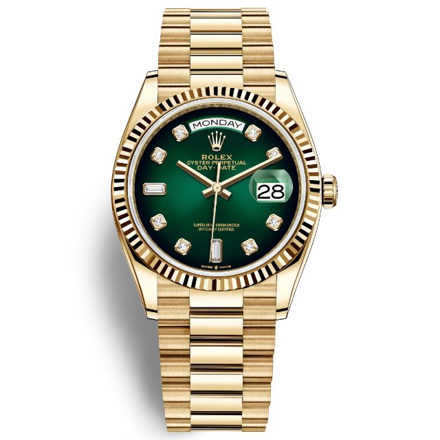 Đồng hồ Rolex Day-Date hiển thị ngày, thứ với vỏ vàng sang trọng đẳng cấp.